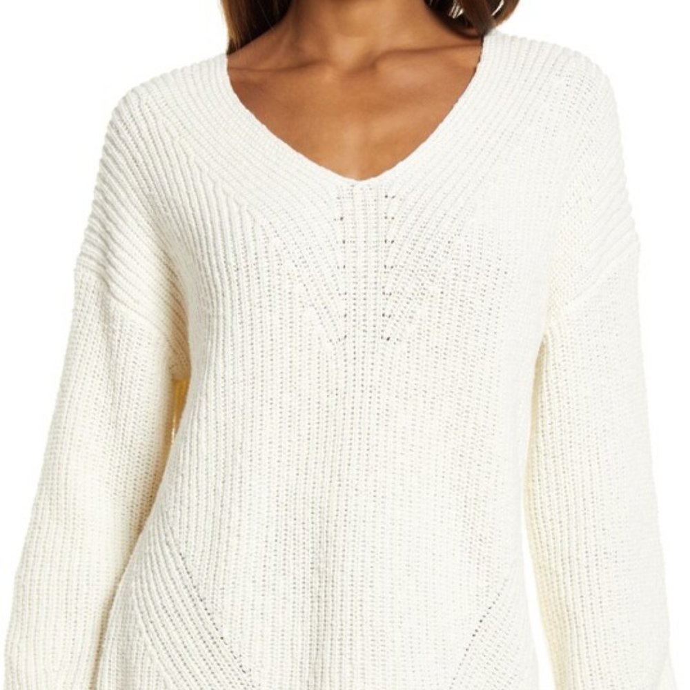 Madewell Ridgeton Long Sleeve V-Neck Pullover Sweater in Ivory Cream